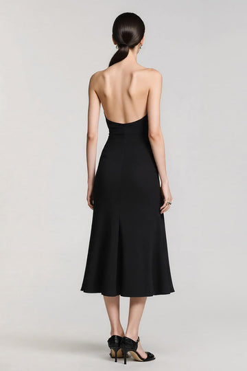Simple Noir Satin Spaghetti Bretelles Fourreau Robe Longue Formelle